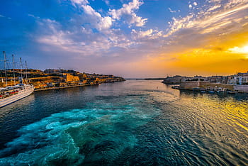 antenne, udsigt, legeme, vand, bygninger, Malta, solnedgang, himmel, hav, middelhavet, Bugt