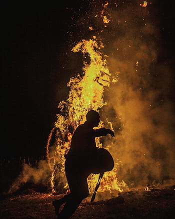 muž, běh, pryč, exploze, silueta, fotografie, stojící, u, oheň, chlap, mužský