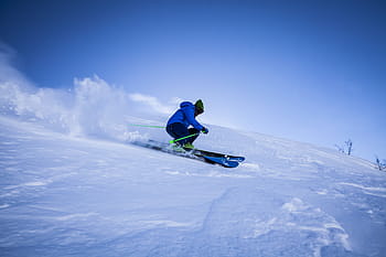 person, riding, snow skis, covered, mountain, snow, winter, white, cold, weather, ice