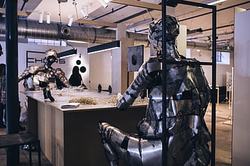 arte, exposición, instalación, expo, virutas, duro, escultura, figuras, metal, mesa, completo