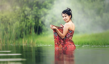 woman, washing, vietnam, asia, young, beauliful, river, cambodia, culture, girl, indonesia