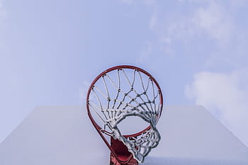 low-angle photography, red, basketball hoop, round, basketball, hoop, ring, net, hoops, backboard, rim