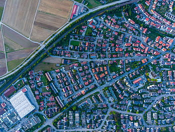 aerial, photography, houses, view, city, village, road, street, buildings, green, field