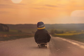 toddler, skateboard, towards, road, golden, hour, child, boy, sunset, afterglow, landscape