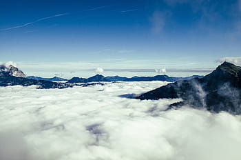 mare di nuvole, montagna, picchi, coperto, nuvole, giorno, foto, blu, cielo, montagne, vertice