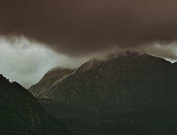 black, mountain, covered, clouds, landscape, dark, valley, highland, trees, nature, weather