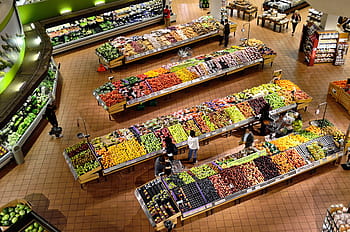 letecký, Pohled, lidé, nákup, zobrazení ovoce, supermarket, stánky, chladiče, trh, jídlo, čerstvý