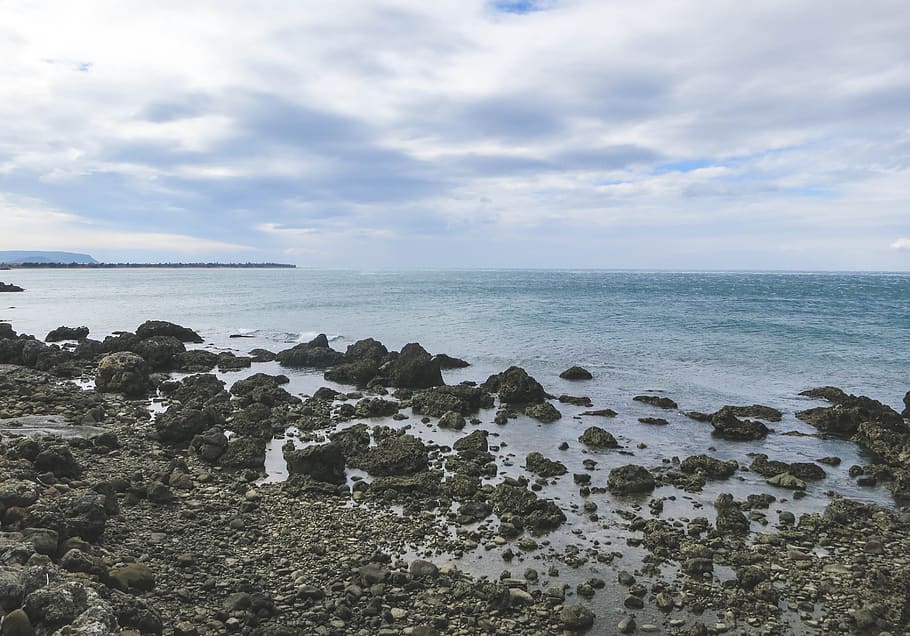 oceán, pobřeží, skály, voda, horizont
