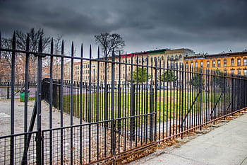 Brooklyn, New York, fence, gate, sidewalk, buildings, city, storm, clouds, cloudy