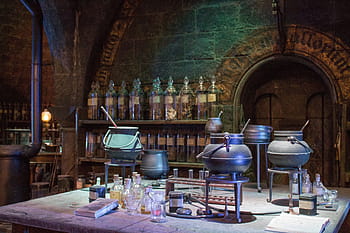 pots, rod, metal, stand, surrounded, bottles, Harry Potter, Hogwarts, Studio, London, potions