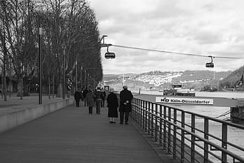 people, walking, bridge, black, white, monochrome, cable, car, black and white, cable car, street