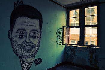man, face graffiti, windowpane, black, paintings, green, wall, art, graffiti, mural, spray paint
