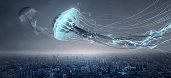 fantasy, jellyfish, city, night, flying object, float, mystical, animal, dream, scene, mysterious