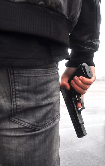 osoba, nošení, Černá, kožená bunda, hospodářství, poloautomatické, pistole, gangster, kůže, zločinec, zločin