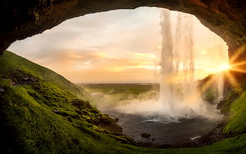 wodospady, Góra, zachód słońca, Islandia, wodospad, seljalandsfoss, turystyka, strumień, woda, spada, punkt orientacyjny