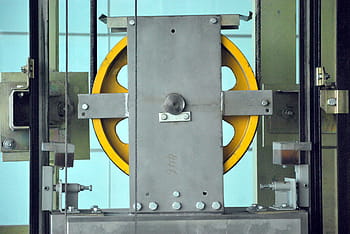 yellow, grey, elevator, lifting, mechanism, pulley, wheels, gears, workings, industrial, equipment
