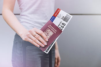 Woman, waiting, airport, holding, ticket, passport, bag, board, bus, delay, departure