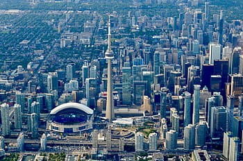horní, Pohled, městské budovy, toronto, panorama, věž, věž, město, baseball, panoráma, věž, město, stadión