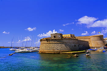 kastil, puglia, salento, Gallipoli, laut, air, porto, langit, awan, Italia, perahu