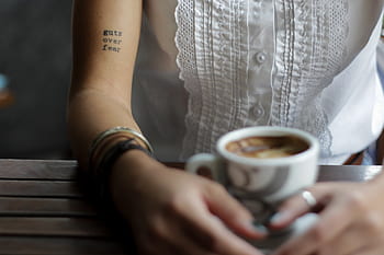people, woman, female, blur, coffee, drink, arm, shoulder, tattoo