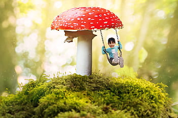 child, riding, swing mushroom, fantasy, girl, swing, mushroom, moss, bokeh, fly agaric, laugh