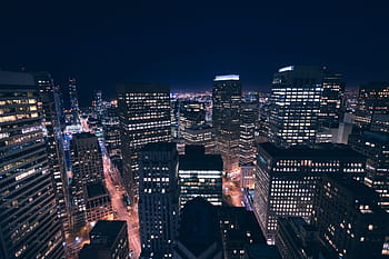 wide, angle photo, buildings, aerial, view, cities, night, time, architecture, city, skyline