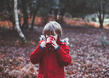 boy, standing, trees, drinking, red, cup, people, kid, child, raincot, cold
