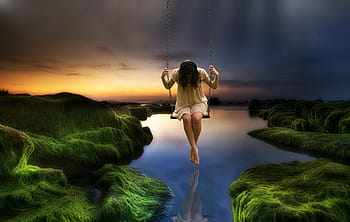 kvinde, svinge, sø, baggrund, pige, Kvinder, trist pige, natur, fotomontage, surrealisme, design