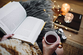 お茶を飲む女性、 本を読む、 女性、 飲む、 お茶、 家、 本、 読書、 時間、 枕、 快適