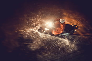 man, riding, motorcycle, nighttime, person, automatic, scooter, taking, risk, flood, road