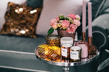 natal, natal rosa, decoração de natal, vela, velas, flores cor de rosa, rosa dourado, cores pastel, interior, dezembro, glamour