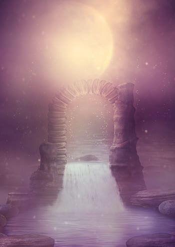 fantasy, moon, arch, rock, sea, waterfall, archway, moonlight, mood, mysterious, magic