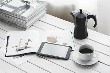 white, ceramic, teacup, black, smartphone, table, technology, digital, tablet, digital tablet, computer