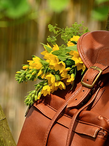 selective, focus, leather backpack, flowers, backpack, brown leather, closure, buckle, leather seam, readers were, bouquet