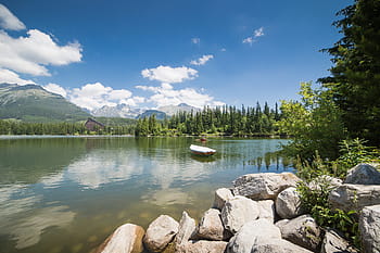 osamělý, loď, jezero, mraky, vysoké tatry, hory, panoráma, skály, nebe, slovensko, Příroda