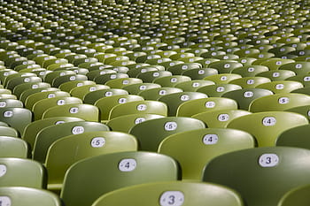 green, plastic chairs, still, chairs, auditorium, lines, rows, columns, patterns, perspective, in a row