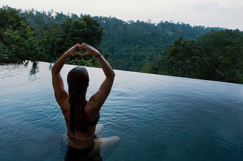 woman, raising, hands, forming, heart, body, water, people, girl, alone, meditation