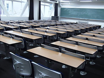 rectangular, brown, wooden, tables, kansai university, japan, school, classroom, inside, chalkboard, desks