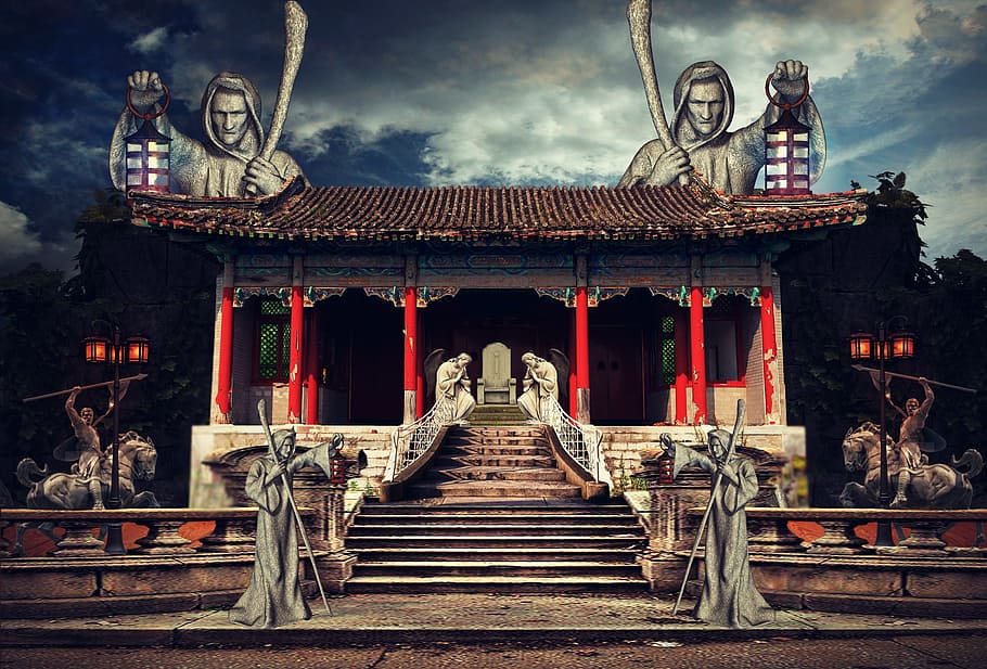Temple, Protector, Statue, Abandoned, red, outdoors, architecture, built structure, day