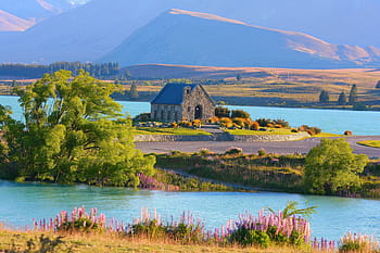 black, gray, house, body, water, lake tekapo, new zealand, church, nature, church of the good shepherd, morning