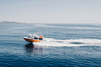 orange, white, boat, sea, daytime, ocean, blue, water, waves, nature, yacht