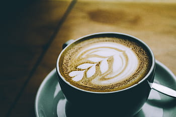 coffee latte, inside, teal teacup, saucer, coffee, bean, seed, brown, cafe, wood, hot