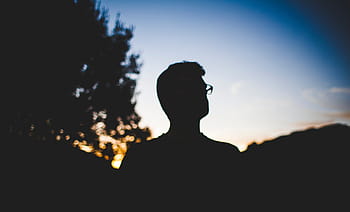 silhouette, man, standing, tree, wearing, eyeglasses, dark, people, man alone, blue, sky