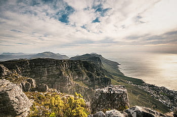 mountains, coast, ocean, sea, cliffs, landscape, nature, outdoors, sky, clouds, rocks