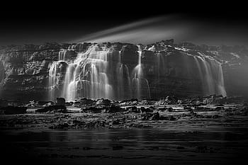 grayscale photography, waterfalls, rock coral, morning illusion, long exposure, nature, black And White, waterfall, water, landscape, iceland