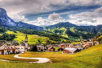 houses, mountain, gray, cloudy, sky, alta badia, dolomites, nature, unesco world heritage, south tyrol, landscape