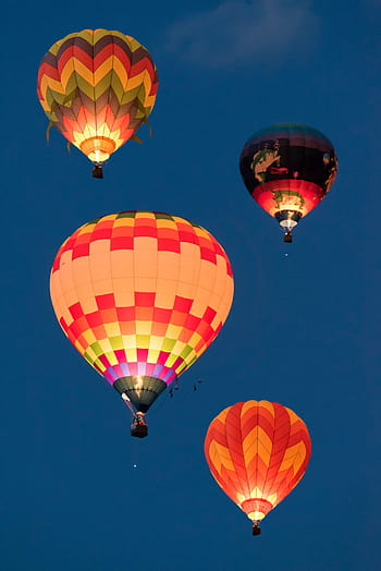 four, multicolored, hot, air balloons, flying, sky, black, red, orange, air, balloons