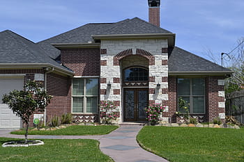 brown, white, brick wall house, gardening, garden, house, lawn, architecture, home, driveway, roof