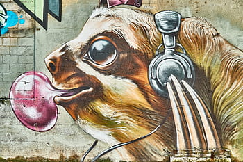 hnědé zvířecí ilustrace, graffiti, umění, lenochod, sluchátka, nástěnná malba, pouliční umění, moderní umění, zeď, výkres, sprej