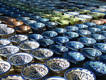 ceramic bowl lot, ceramic, bowls, arts crafts, decoration, fragile, colorful, color, blue, shells, potters